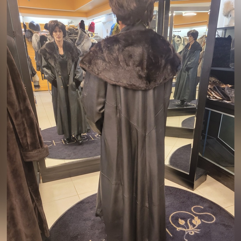 Black leather swing coat with mink collar